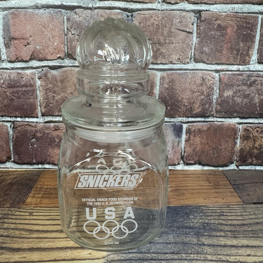 Vintage Snickers 1992 Olympic Games Glass Candy Jar‎ Barcelona w Lid Airtight